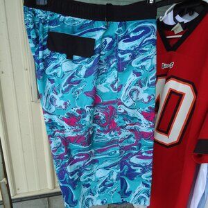 Roundtree & Yorke Marble Print Swimtrunks Swim Shorts 2xt Tall Man Teal Blues